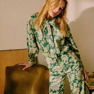 Sézane Martin Trousers Seventies Green Flower Floral Corduroy Pants Size 4/ 36